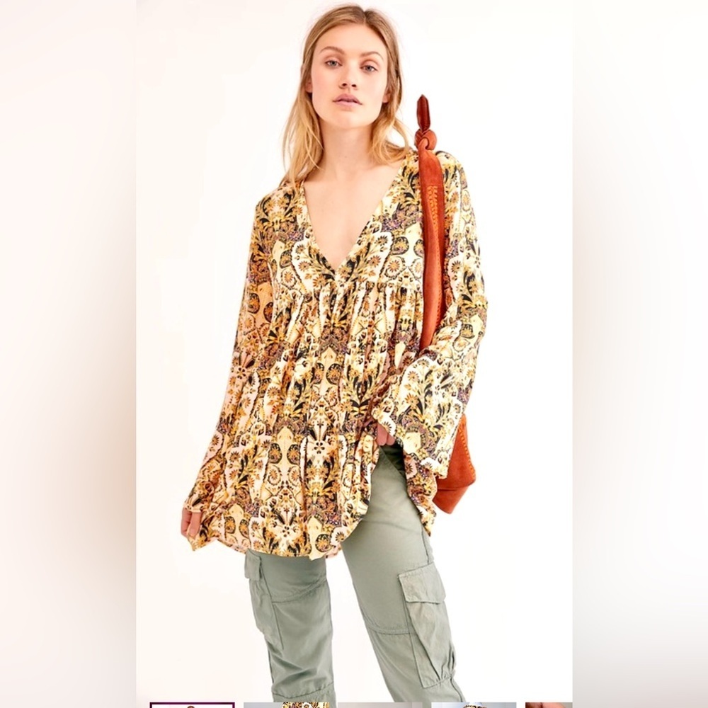 Free People Boho Tunic Top Dress Yellow Pullover S Porcelain Bella Print Floral